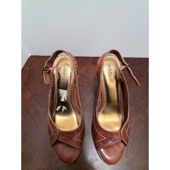 Seychelles Brown Studded Leather High Heel Sandals Size 6.5 Adjustable Strap - Picture 2 of 10